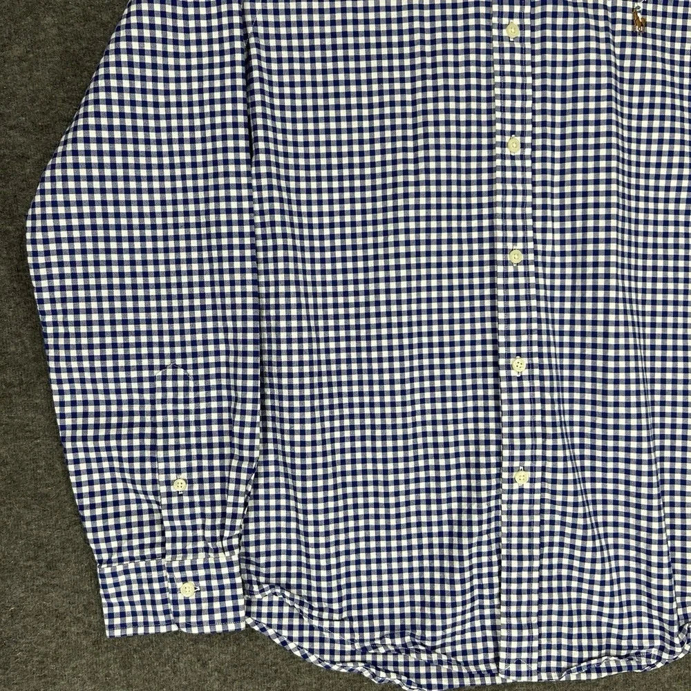 Polo Ralph Lauren Shirt Mens L Gingham Slim Fit Stretch Oxford OCBD Flesh Pony